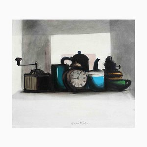 Enotrio Pugliese, Still Life with Alarm Clock, Oil on Canvas, Mid-20th Century