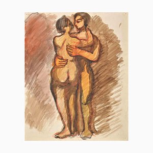 Jean Delpech, Couple, Aquarelle Originale, Milieu du 20ème Siècle