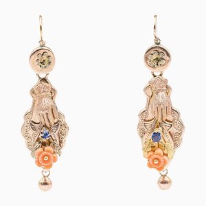 14 Karat Yellow Gold Earrings with Corals and Sapphires, Late 1800s, Set of 2