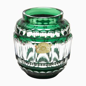 Art Deco Green Crystal Vase Cut-to-Clear from Val Saint Lambert, 1950s