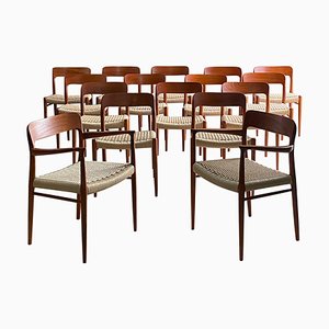 Teak & Paper Cord Model 56 & 75 Dining Chairs from J.L. Møllers, 1960s, Set of 16