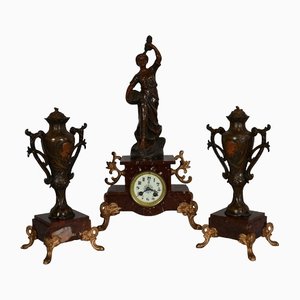 Horloge de cheminée en Régule et Marbre Griotte, 1920, Set de 3