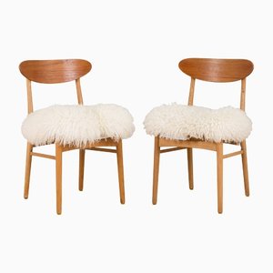 Oak & Long Hair Sheepskin Dining Chairs in the style of Hans Wegner, 1960s, Set of 2
