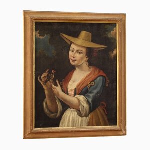 Italian Artist, Portrait of a Girl with a Goldfinch, 18th Century, Oil on Canvas, Framed