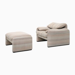 Pastel Striped Maralunga Armchair and Ottoman by Vico Magistretti for Cassina, 1970s, Set of 2