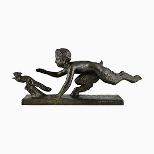 Georges Crouzat, Art Deco Faun und Eichhörnchen, 1934, Bronze