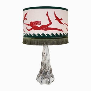 Mid-Century French Crystal Glass Table Lamp with Round Fabric Lampshade, 1963