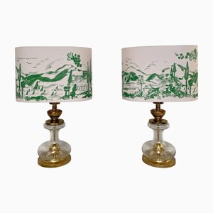 Mid-Century Table Lamps in Glass Brass and Oval Lampshades, 1971, Set of 2