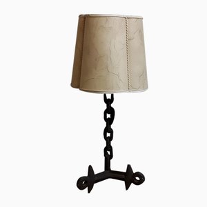 Vintage Brutalist Table Lamp with Black Iron Foot & Cream Parchment Shield, 1970s