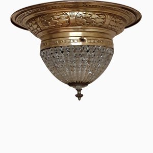 German Ceiling Lamp with Large Decorated Brass Mount and Glass Bead Shade, 1900s