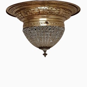 Lampada da soffitto in ottone decorato e paralume in vetro, Germania, inizio XX secolo