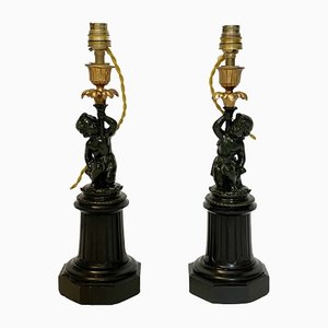 French Louis XVI Style Caryatids Putto Candelabra Table Lamps in Marble & Spelter, 19th Century, Set of 2