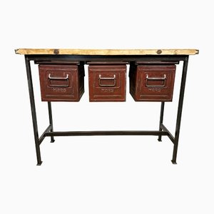 Industrial Worktable with 3 Iron Drawers, 1960s