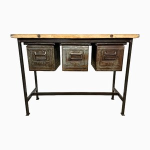 Industrial Worktable with 3 Iron Drawers, 1960s
