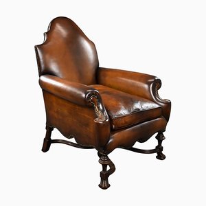 Fauteuil à Oreilles Victorien Antique en Cuir Teint à la Main, Angleterre