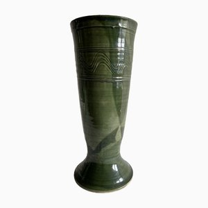 Green Glazed Studio Pottery Vase with Wavy Wiggle Motif, 1960s