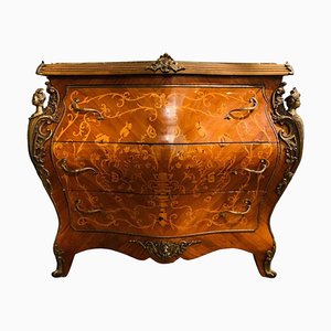 Louis XV French Marble Top Bombe Chest of Drawers with Inlay Parquetry, 1930s