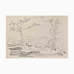 François Quelvée, Landscape, Ink Drawing, Mid-20th Century