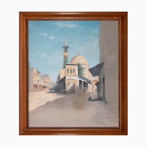 Mosque in Constantinople, Original Tempera & Watercolor on Plywood, Mid-20th Century, Framed