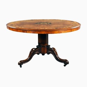 Mesa de centro victoriana de madera nudosa de nogal y marquetería, década de 1850