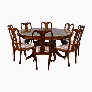20th Century English Walnut & Marquetry Circular Dining Table & 8 Chairs, 1970s, Set of 9