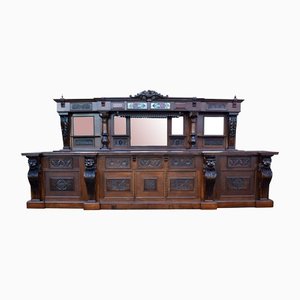 Vintage English Victorian Style Front and Back Bar in Carved Oak, 1980