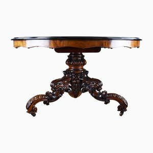 Mesa de desayuno inglesa victoriana de madera nudosa de nogal y marquetería, siglo XIX