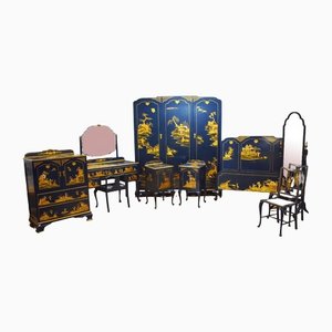 Chinoiserie Blue Lacquered and Gilded Bedroom Suite, 1930, Set of 8