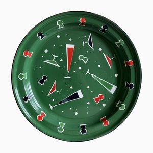 French Hand-Painted Green Enamel Cocktail Tray with Party Motifs, 1970s