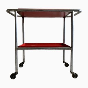 Modernist Bar Cart in Tubular Steel with Red Lacquered Wooden Trays, 1950s