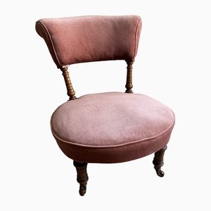 Nursing Chair in Soft Pink Velvet with Turned Wooden Legs and Original Castors, 1890s