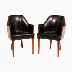 British Art Deco Walnut Salon Chairs with Leather Upholstery, 1930s, Set of 2