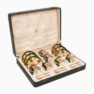 Art Deco Boxed Crown Devon Orient Coffee Set with Mappin and Webb Silver Gilt Spoons, Set of 19