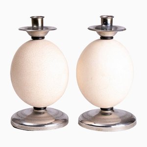 British Art Deco Ostrich Egg Candleholders with Chrome Sconces, 1930s, Set of 2