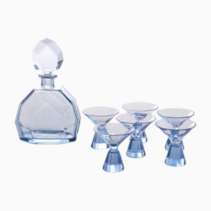Art Deco Czechian Blue Cut Crystal Cocktail Set, 1930, Set of 7