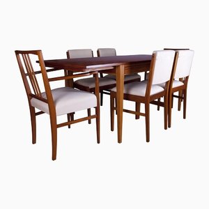 British Tulip Wood Dining Table with Chairs by Gordon Russell, Set of 7