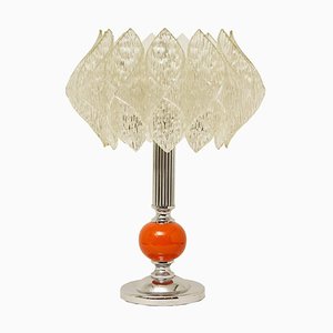 Lampada da tavolo Mid-Century con sfera in ceramica arancione e paralume Lotus