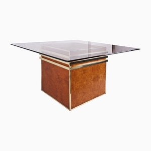 Cube Dining Table in Burr Wood with Glass Top, 1970s
