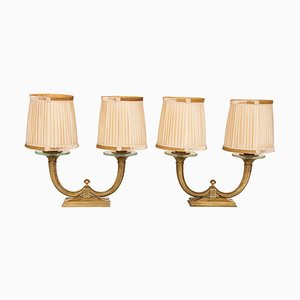 French Gilt Bronze Table Lamps with Original Shades by Genet Et Michon, 1930s, Set of 2