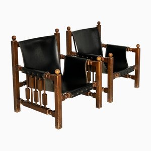 Brutalist Oak and Faux Leather Chairs in the Style of Charles Dudouyt, 1950s, Set of 2