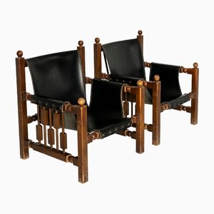 Set of Brutalist Oak and Faux Leather Chairs in the Style of Charles Dudouyt, 1950s