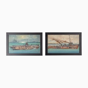 Charles John De Lacy, Illustrations de Navire de Guerre, Fin du 19ème ou Début du 20ème Siècle, Peintures à l'Huile sur Panneau, Encadrée, Set de 2