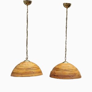 Bamboo and Brass Pendant Lamps, 1950s, Set of 2