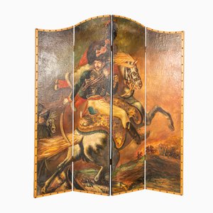 Biombo plegable victoriano pintado al óleo con motivo de batalla de caballería, década de 1890