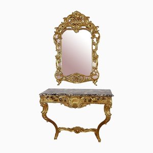 Louis XV Style Console and Gilded Wood Console and Mirror, 1950s, Set of 2