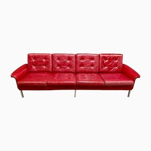 Red Leather 4-Seater Sofa, 1950s