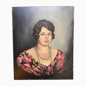 V. Marendaz, Portrait de Femme avec Collier de Perles, 1928, Huile sur Panneau de Fibres