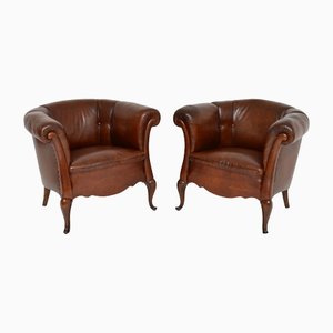Swedish Leather Club Chairs, 1890s, Set of 2