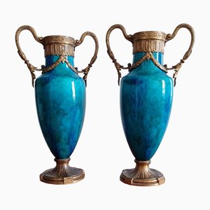 Sevres Bronze Mounted Vases with Green and Blue Glazed Faience, Set of 2