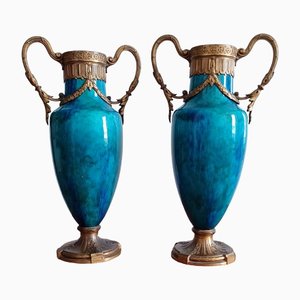 Sevres Vasen aus Bronze mit grün & blau glasiertem Fayence, 2er Set